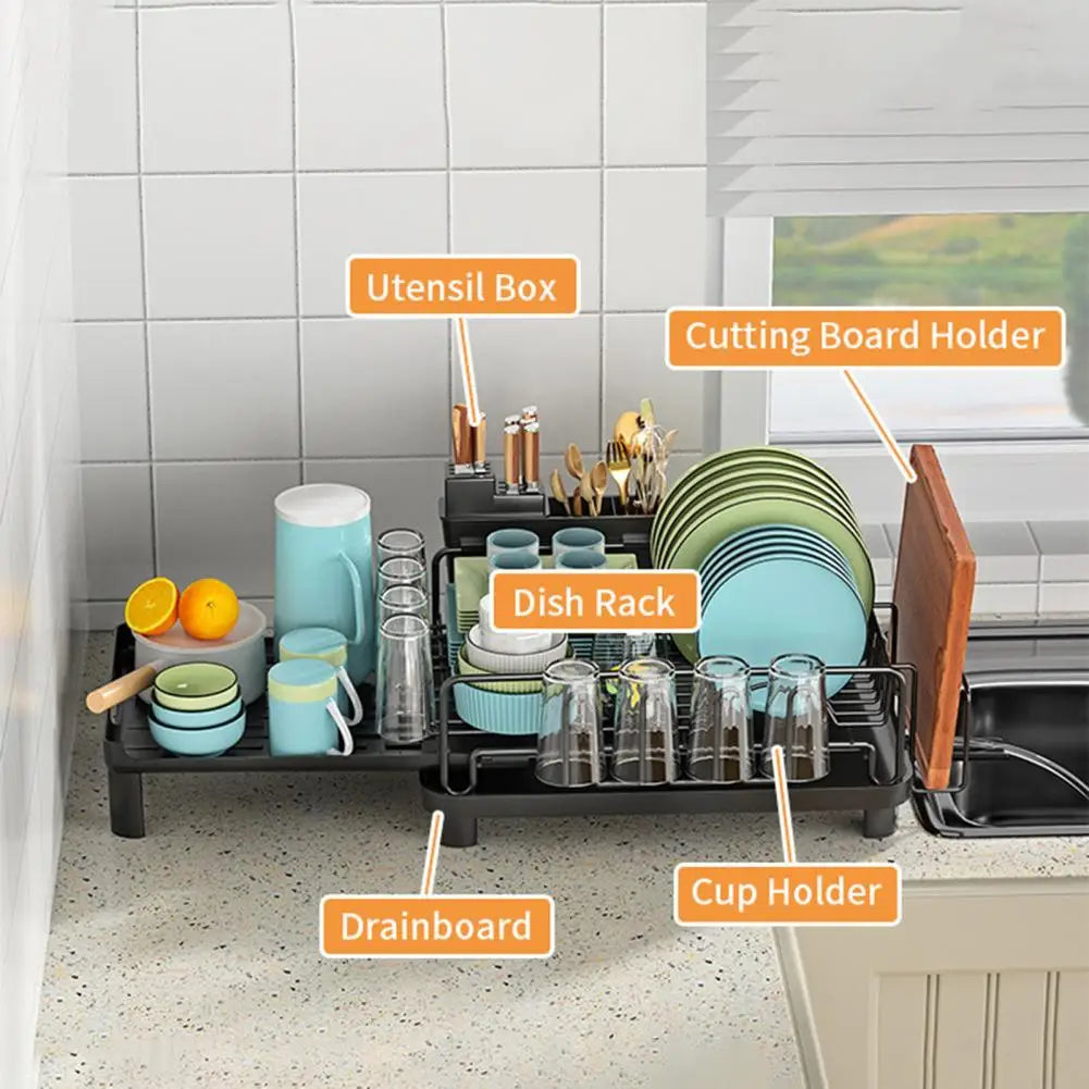 Retractable Double Layer Dish Drying Rack - with Drainboard & Cutlery Box