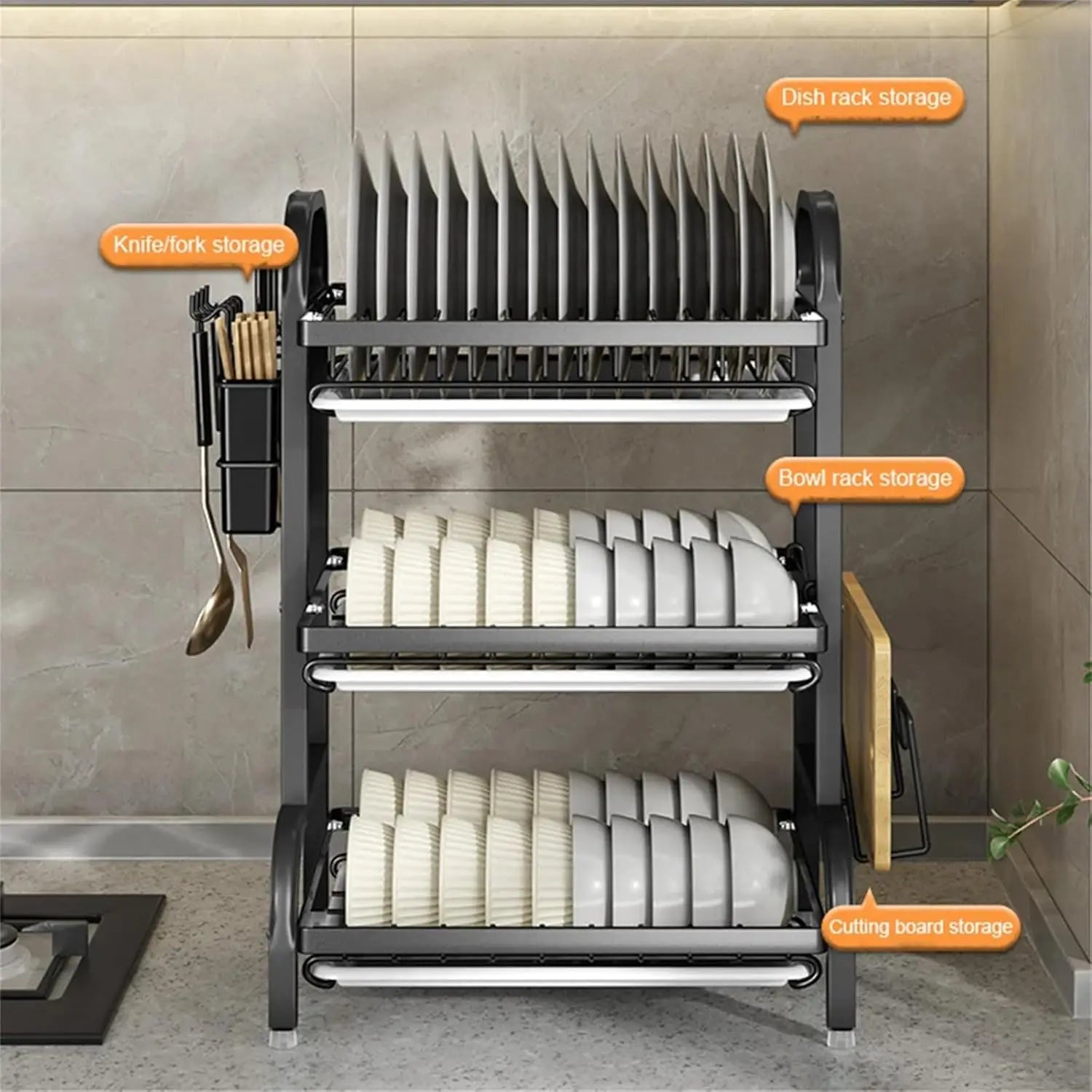 3-Tier Dish Drying Rack with Drainage Tray – Large Countertop Organizer for Bowls, Plates & Utensils | Rustproof Metal Kitchen Rack