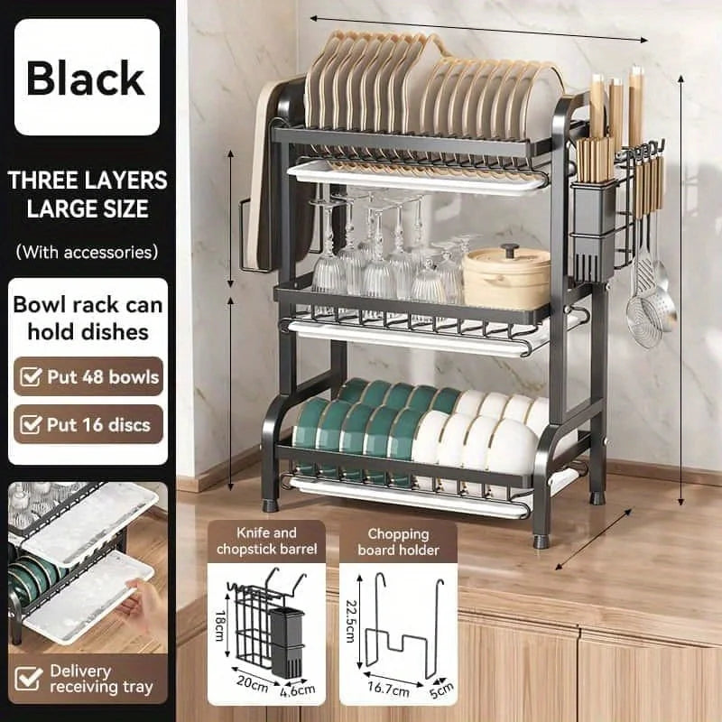 3-Tier Dish Drying Rack with Drainage Tray – Large Countertop Organizer for Bowls, Plates & Utensils | Rustproof Metal Kitchen Rack