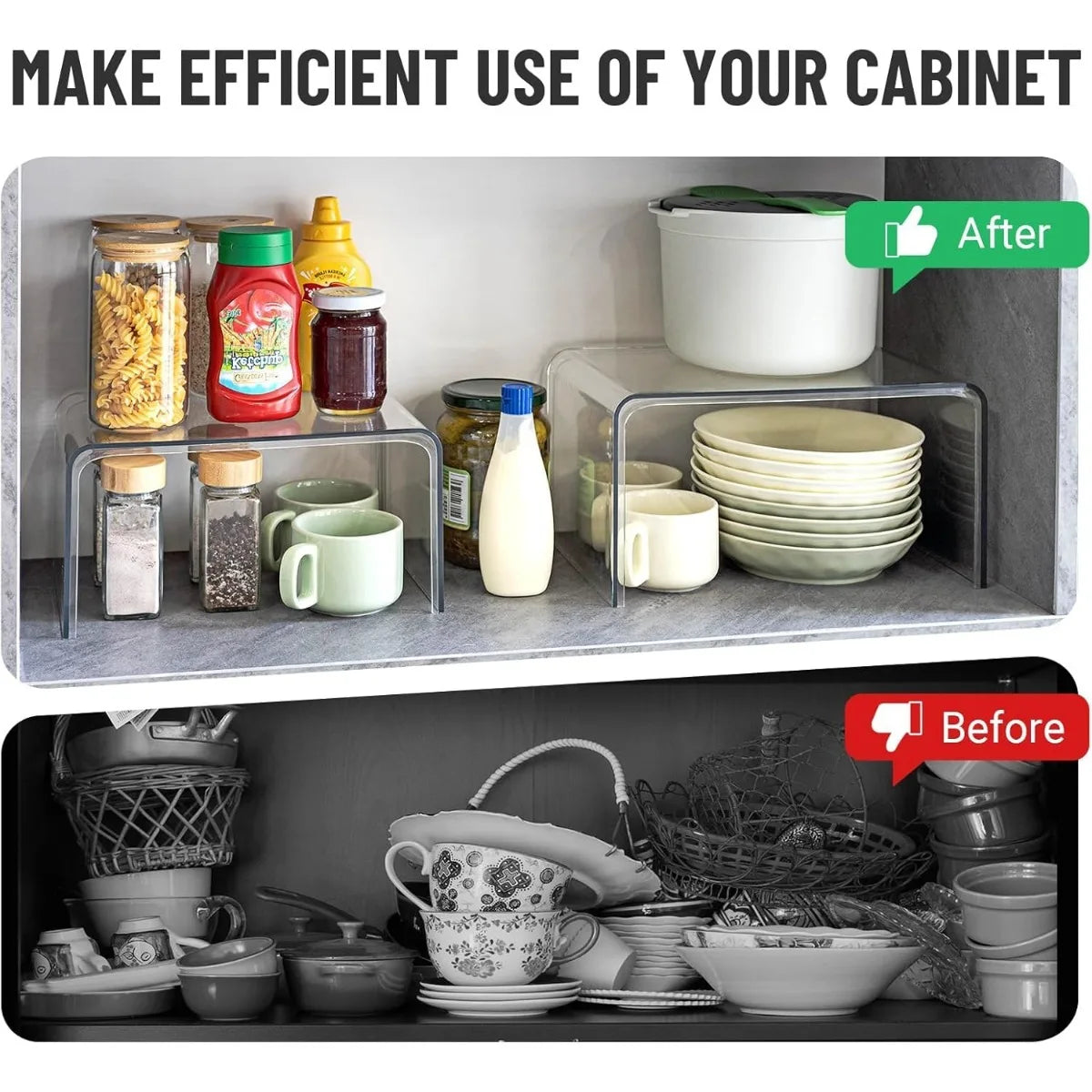 Clear Cabinet Organizer Shelf – Set of 2 Stackable Pantry & Kitchen Countertop Shelves