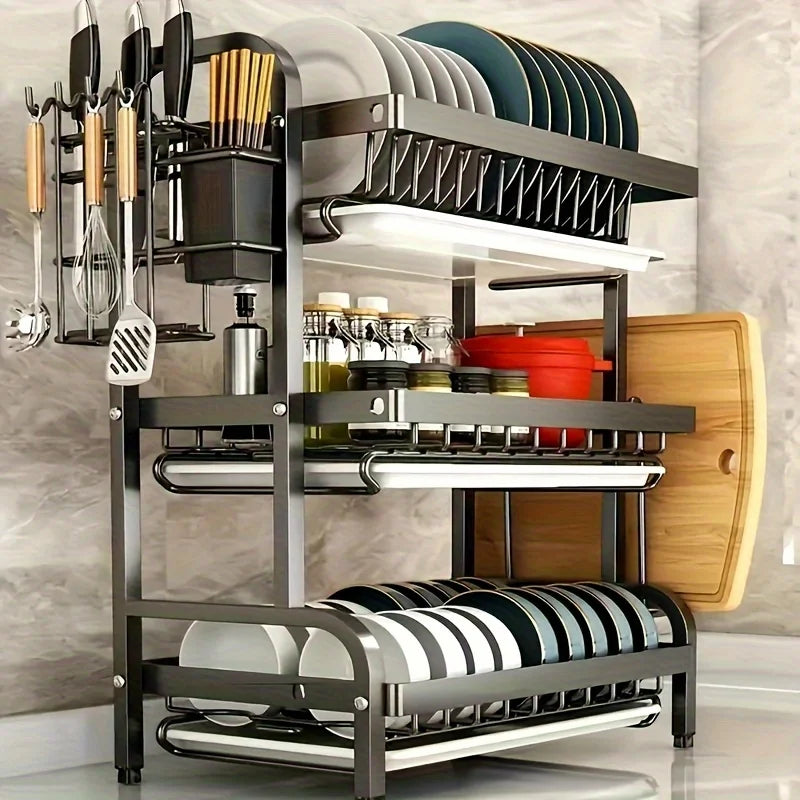 3-Tier Dish Drying Rack with Drainage Tray – Large Countertop Organizer for Bowls, Plates & Utensils | Rustproof Metal Kitchen Rack