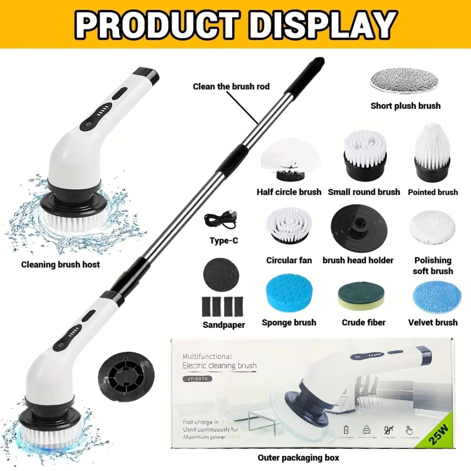 Wireless Electric Rotary Cleaning Brush – 9 Heads, Adjustable Handle