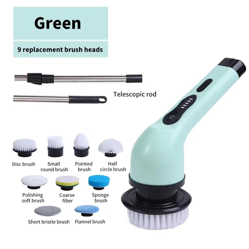 Wireless Electric Rotary Cleaning Brush – 9 Heads, Adjustable Handle