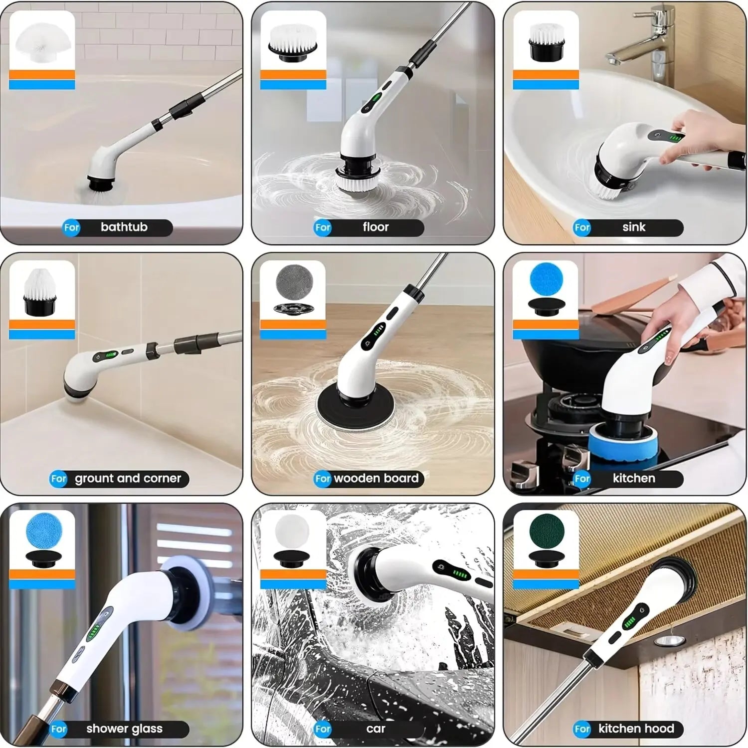 Wireless Electric Rotary Cleaning Brush – 9 Heads, Adjustable Handle