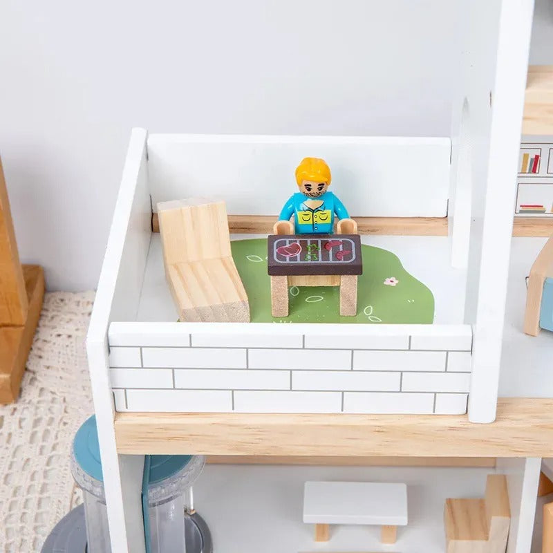 Wooden Dollhouse Villa – 3-Story Dream House with Elevator Balcony Furniture & 3 Dolls