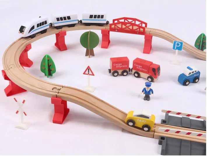 Wooden Train Set with Tracks & Station 88-Pieces – Compatible with Thomas Electric Train for Kids 3+