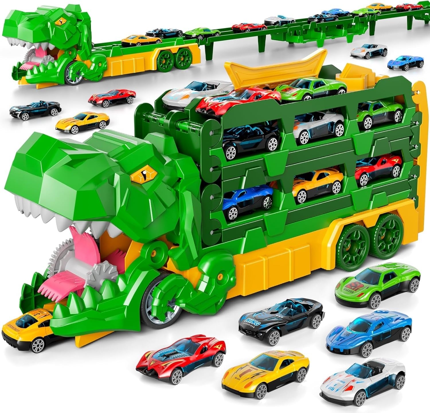 Dinosaur Race Track Toy – 59" Transport Truck with 12 Die-cast Cars