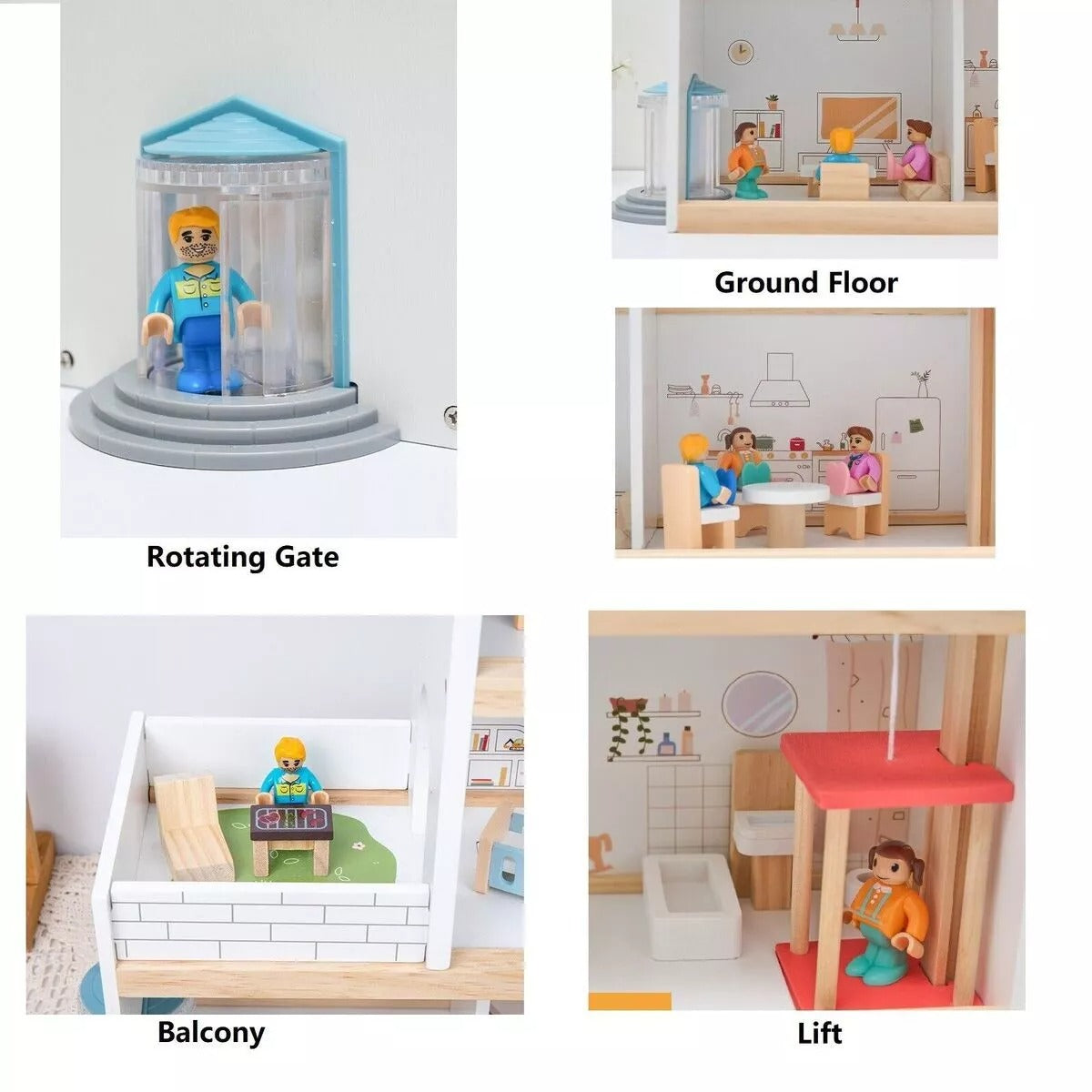 Wooden Dollhouse Villa – 3-Story Dream House with Elevator Balcony Furniture & 3 Dolls
